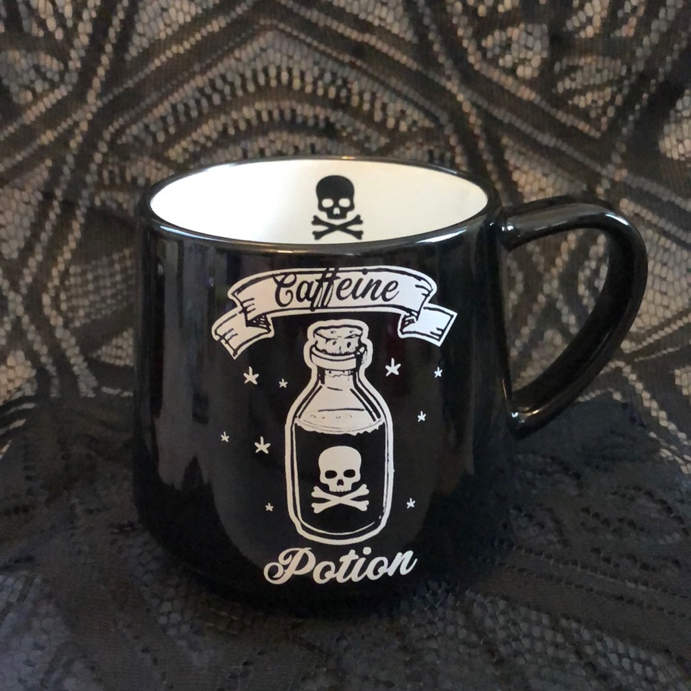 Skull & Cross Bones “Caffeine Potion” Apothecary Bottle Witchy Coffee Tea Mug